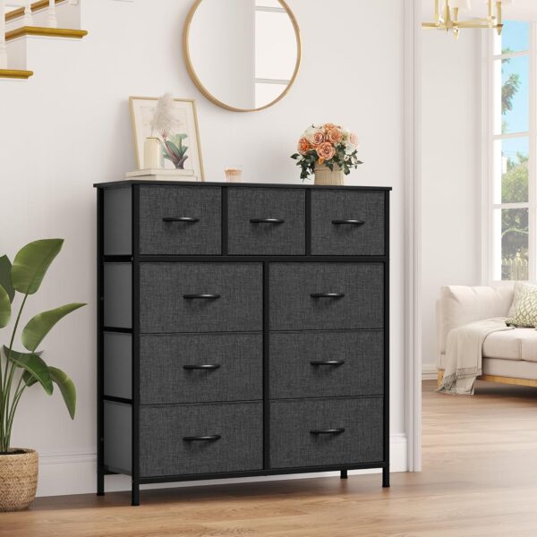 YITAHOME Dresser with 9 Drawers - Fabric Storage Tower, Tall Chest Organizer Unit for Living Room, Entryway with Sturdy Steel Frame, Wooden Top, Black Grey - Image 4