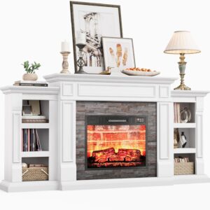 LGHM 70" Electric Fireplace with Mantel, Fireplace TV Stand for TVs Up to 80 Inch, Modern Entertainment Center with Storage, Realistic Stacked Stone Surround with Remote Control for Living Room