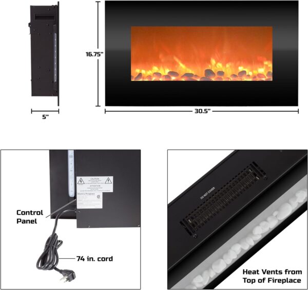 Electric Fireplace - 30 Inch Wall Mounted Fireplace - 13 Backlight Colors and Remote Controlled LED Flames, Heat, and Brightness by Northwest (Black) - Image 3
