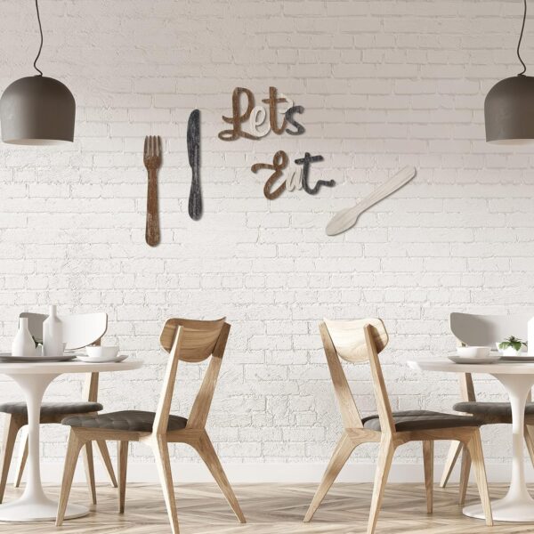 Jetec 5 Pcs Let's Eat Sign Kitchen Wall Decor Fork Spoon Knife Kitchen Decor Sign Rustic Farmhouse Wooden Eat Sign for Kitchen Home Dining Room Bar Cafe Restaurant(Brown, Beige, Dark Gray) - Image 2