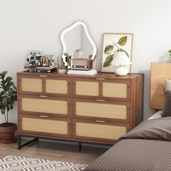 6 Drawer Rattan Dresser Modern Dresser with Rattan Drawers Farmhouse Wood Storage Chest of Drawers for Bedroom, Closet, Living Room, Entryway - Image 3