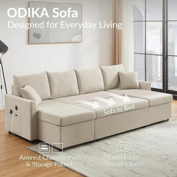 U Shaped Convertible Sleeper Sofa Bed, Sectional Couch for Living Room - Dual USB-C Charging, Pull Out Bed, Reversible Chaise with Storage & Pockets, Removable & Washable Beige Linen Covers - Image 3