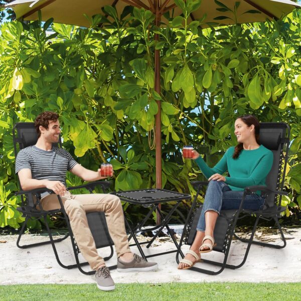MoNiBloom Table and Patio Chairs Set of 3, Outdoor Adjustable Zero Gravity Folding Breathable Mesh Reclining Lounge Chairs with Pillow and Side Tray, 330lbs Capacity - Black - Image 2