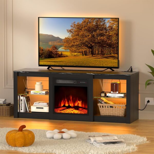 BREEZEHEAT 58inch Electric Fireplace TV Stand for 65'' TV-Entertainment Center with 18'' Fireplace and Led Light-TV Console with Glass Shelves, Power Outlets, Remote Control (Black Marble) - Image 4