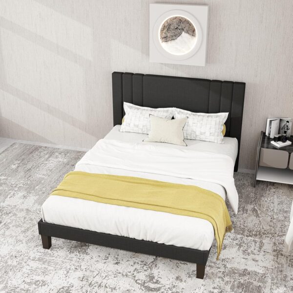 Queen Size Bed Frame, Linen Fabric Upholstered Platform with Headboard (Dark Black, Queen (U.S. Standard)) - Image 6