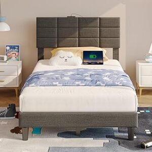 Seventable Twin Size Bed Frame with Charging Station, Upholstered Bed with Heavy Duty Wood Slats, No Box Spring Needed, Noise Free, Easy Assembly, Dark Grey