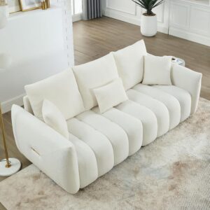 82" Teddy Cloud Sofa Couch, Comfy Upholstered Sherpa Deep Seat Boucle Sofa, Cozy Modern 3 Seater Couch with 3 Pillows, Oversized Loveseat for Living Room Apartment Office, Beige White