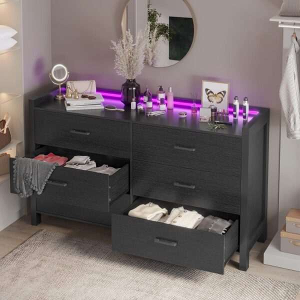 Hasuit Black Dresser for Bedroom with LED Lights, Large Capacity Wooden Storage Cabinet, Chest of 6 Drawers Dresser, LED Dresser for Hallway, Entryway (Modern Black) - Image 7