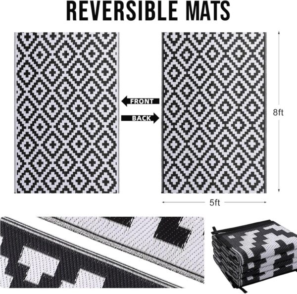 OLANLY Waterproof Outdoor Rug 5x8 ft, Reversible Plastic Straw Patio Rug for Camping, RV Mat Outside, Indoor Outdoor Carpet for Porch, Deck, Backyard, Camper, Balcony, Picnic, Black & White - Image 2