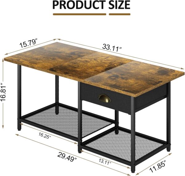 Small Coffee Tables for Living Room with Drawer, 2-Tier Center Small Table for Small Spaces, Farmhouse Simple Table with 2 Wire Mesh Storage Racks, 15.79" D X 33.11" W X 16.81" H - Image 2