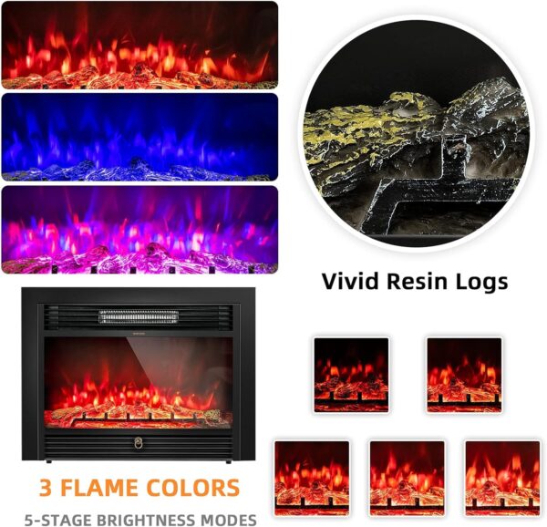 LDAILY 28" Electric Fireplace, Wall Mounted/Recessed Electric Fireplace Heater with Remote, 3-Color Adjustable Flame, 5 Brightness, 8 H Timer, 750/1500W Freestanding Electric Fireplace Inserts, Black - Image 5