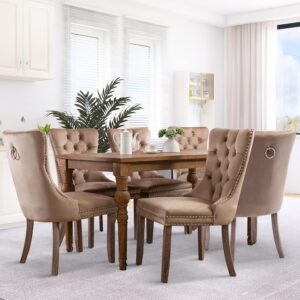 SoarFlash Velvet Dining Chairs Set of 6, Tall Back Side Chair, Modern Upholstered High-end Tufted Side Chair with Button Back Ring, Solid Wood Legs (Khaki)