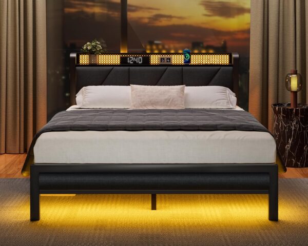 Furnulem Queen Size Bed Frame with Headboard and LED Lights,Upholstered Bedframe with Charging Station and USB Port, Platform Metal Bed Frame,No Box Spring Needed, Noise Free - Image 3