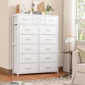 EnHomee Dresser, White Dresser for Bedroom with 14 Deep Drawers Tall Dresser for Girls Bedroom,Closet,Wooden Top,Sturdy Metal Frame, White 11.8" D x 37" W x 52" H