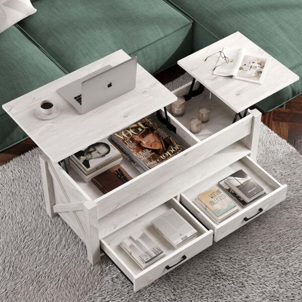 Seventable Coffee Table, 47.2" Lift Top Coffee Table with 2 Storage Drawers and Hidden Compartment, Retro Center Table with Wooden Lift Tabletop for Living Room, Gray - Image 2