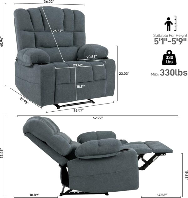 Massage Chair Recliner with Heat,Manual Recliner Chair for Adults,Lazy Boy Recliner Chair with Cup Holder,2 Pockets,Adjustable Backrest,Footrest,Oversized,Heavy Duty (Grey) - Image 2