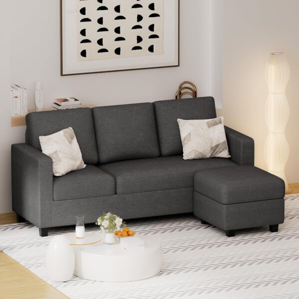 Flamaker Sofa, Sectional Couch with Reversible Chaise, Fabric Small Sofa for Living Room, Dark Grey, 64.2x42.5x16.9 inches, 660lbs Weight Capacity