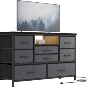 Jojoka 8 Dresser TV Stand with Power Outlet & LED for 55'' TV, Long Dresser for Bedroom with 8 Deep Drawers, Wide Console Table for Storage in Closet, Living Room, Entryway, Wood Top (Grey)
