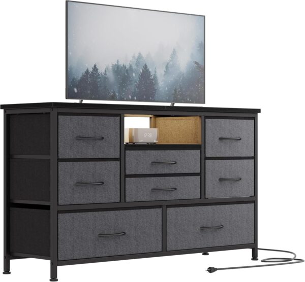 Jojoka 8 Dresser TV Stand with Power Outlet & LED for 55'' TV, Long Dresser for Bedroom with 8 Deep Drawers, Wide Console Table for Storage in Closet, Living Room, Entryway, Wood Top (Grey)