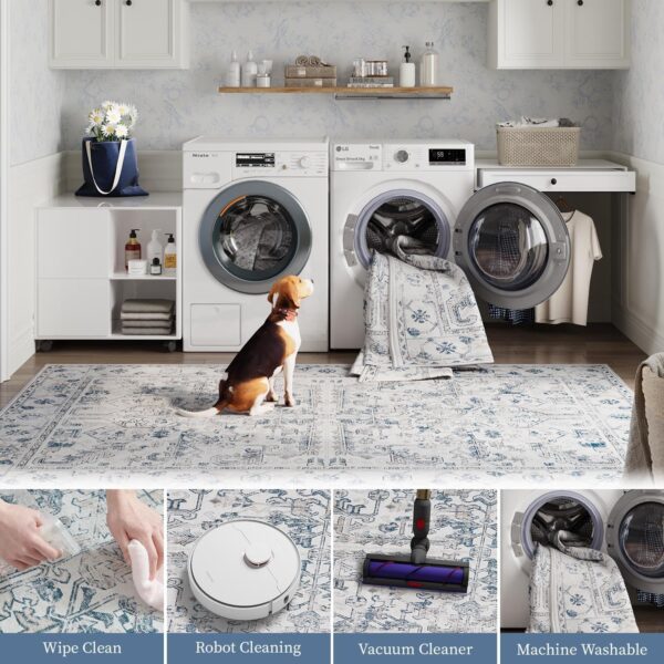 jinchan Washable Area Rug 6x9 Low Pile - Living Room Rug Stain Resistant Vintage Rug Boho Area Rug Large Rug Ultra-Thin Non Slip Carpet Floral Print Indoor Rug for Bedroom Kitchen Farmhouse Blue - Image 4