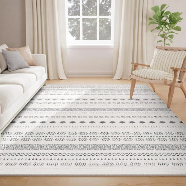 Area Rug 8x10 Washable Rugs for Living Room Rug Non-Slip, Soft Moroccan Geometric Farmhouse Low Pile Design Printed Carpet for Dining Room Bedroom Office Home Decor Black - Image 2
