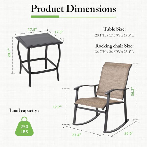 Shintenchi 3 Piece Rocking Bistro Set, Outdoor Furniture with Rocker Chairs and Glass Coffee Table Set of 3, Balcony, Porch Furniture for Small Space, Brown - Image 6
