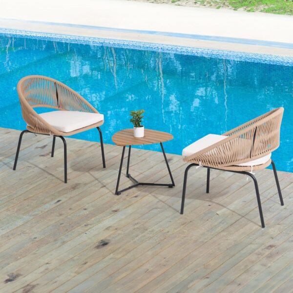 Yangming Patio Furniture Set, 3 Piece Outdoor Bistro Chair Conversation Sets Woven Rope with Wood Coffee Table for Yard Backyard Lawn Garden Porch Backyard Deck Poolside Balcony - Image 6