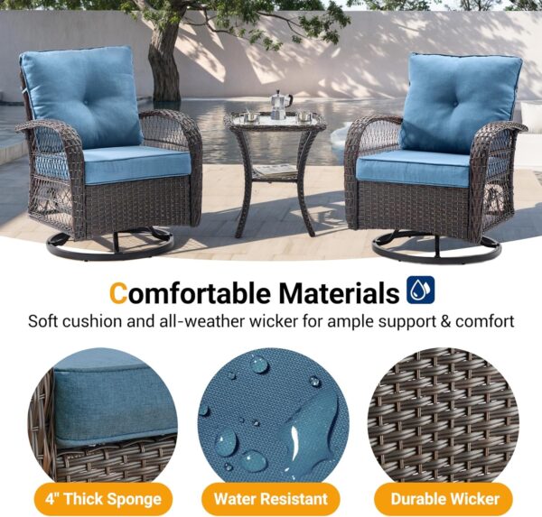 UDPATIO 3 Pieces Patio Furniture Set, Outdoor Swivel Gliders Rocker, Wicker Patio Bistro Set with Rattan Rocking Chair, Glass Top Side Table and Thickened Cushions for Porch Deck Backyard (Blue) - Image 5