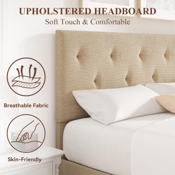 Flolinda Queen Size Platform Bed Frame with Fabric Headboard, Strong Wooden Slats, Non-Slip and Noise-Free, Bedroom and Guest Room Bed Frames, No Box Spring Needed, Easy Assembly, Beige - Image 4