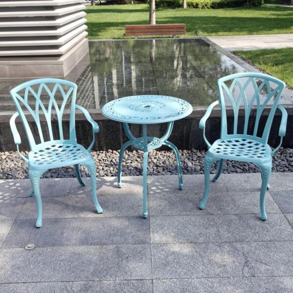 KAILI 3 Piece Bistro Table Set Cast Aluminum Outdoor Patio Furniture with Chair with armrests (Light Blue) - Image 4