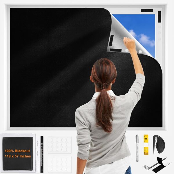 100% Blackout Curtains, 118" X 57" Portable Black Out Curtains for Bedroom, Temporary Blackout Blinds, Travel Blackout Shades, Blackout Window Cover for Nursery, Rv, Dorm Room (Black)