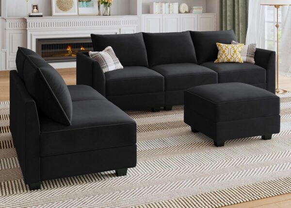 HONBAY Modular Sectional Sofa with Storage Seat Velvet L Shaped Sectional Couch Sectional Couches for Living Room,Black - Image 4