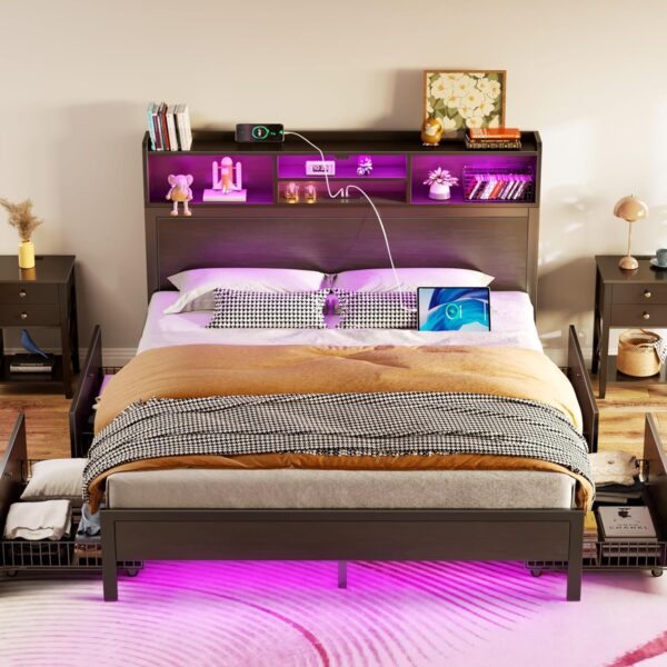 Rolanstar Full Bed Frame with Storage Headboard, Metal Platform Bed with Charging Station, LED, 4 Drawers, Bookcase Storage, No Box Spring Needed, Easy Assembly, Noise-Free, Black - Image 2