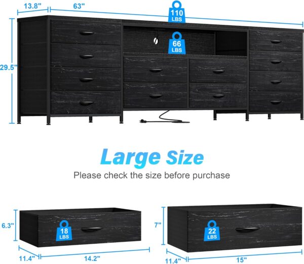 EnHomee Fits 75" TV Stand Dresser for 65 70 75 Inch TV 63"W Dresser TV Stand for Bedroom with LED Lights & Power Outlets & 12 Drawers Black Dresser for Bedroom Long Fabric Dresser Entertainment Center - Image 3