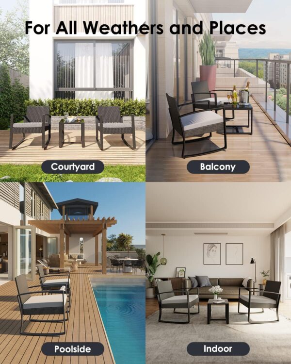 3 Piece Wicker Patio Furniture Set, Outdoor Rocking Chairs, Outdoor Furniture with Table & Cushions, Patio Chairs Balcony Porch Furniture, Gray - Image 6
