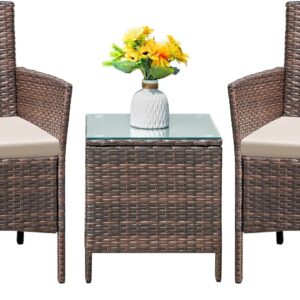 Flamaker Patio Furniture Set 3 Pieces All-Weather Rattan Outdoor Furniture Patio Chairs with Tempered Glass Table for Porch Bistro Balcony (Brown/Cream)