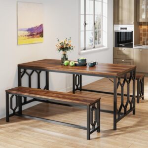 Tribesigns 55-Inch Large Dining Table Set for 4 to 6, Kitchen Breakfast Table with 2 Benches, Rectangular 3-Piece Wood Modern Industrial Bar Table Furniture for Dining Room, Rustic Brown & Black