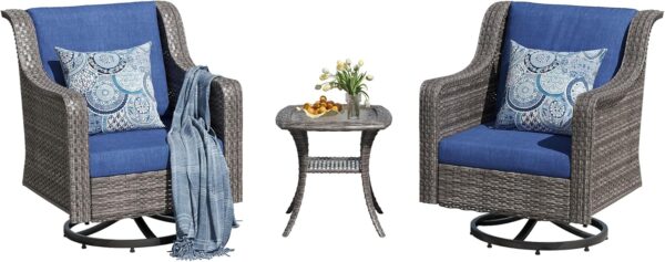 3 Piece Outdoor Swivel Patio Rocker Chairs Bistro Set, Gray Wicker Patio Rocking Chairs with Small Side Table and Cushions for Porch, Outside, Pool, Deck, Yard, Garden - Image 3