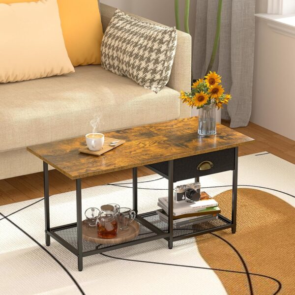 Small Coffee Tables for Living Room with Drawer, 2-Tier Center Small Table for Small Spaces, Farmhouse Simple Table with 2 Wire Mesh Storage Racks, 15.79" D X 33.11" W X 16.81" H - Image 3