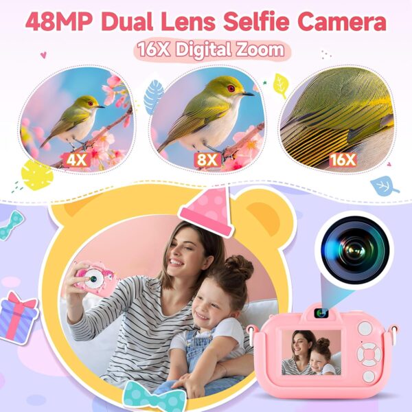 Kids Camera Toys for Ages 3 4 5 6 7 8 9 Girls, 48MP Dual Lens Toddler Camera Kids Digital Camera Christmas Birthday Gift for Kids, Kids Video Camera Selfie Camera with 32G SD Card, Silicone Cover - Image 3