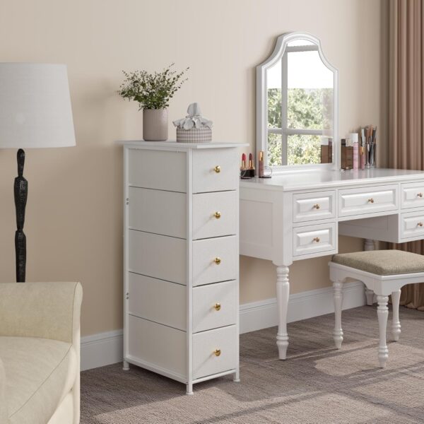 Narrow Dresser Thin Cabinet Tall Slim Dresser Drawers Skinny Storage Tower for Small Spaces Gaps Bedroom Bathroom with Small Drawer Unit (White, 5 Drawers) - Image 4