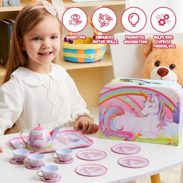 JOYIN Unicorn Tea Set for Toddlers Tea Party Set for Children Kids Pretend Role Play Tin Teapot Set with Cups, Plates and Carrying Case Kitchen Toy for Little Girls Birthday Gifts Age 3 4 5 6 - Image 6