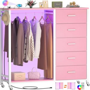 Cyclysio Dresser for Bedroom with Clothes Rack, 5 Drawers Dresser with Charging Station & LED Lights, Black Storage Chest of Drawers with Wheels, Wooden Top, Lockable Wheels, Bedroom, Closet, Pink
