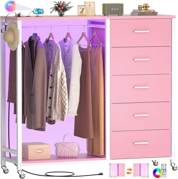 Cyclysio Dresser for Bedroom with Clothes Rack, 5 Drawers Dresser with Charging Station & LED Lights, Black Storage Chest of Drawers with Wheels, Wooden Top, Lockable Wheels, Bedroom, Closet, Pink