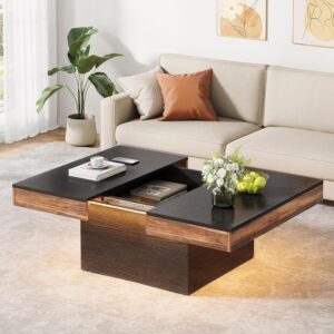 Coffee Table, Square LED Coffee Table, High Glossy Coffee Table with Storage, Farmhouse Coffee Table Low Coffee Table Engineered Wood Coffee Table for Living Room