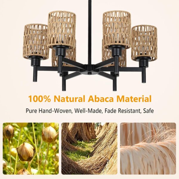 Airposta Rattan Farmhouse Chandelier for Dining Room, Black Pendant Lights Kitchen Island Lighting, Boho Chandeliers Ceiling Hanging Lamp, Rustic Dining Room Light Fixture for Living Room Bedroom Hall - Image 5