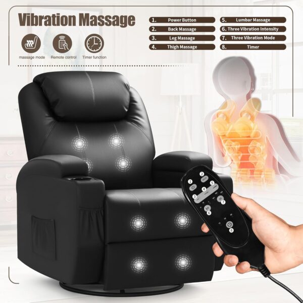JUMMICO Recliner Chair, Rocking Massage Chairs, Home Reclining Sofa Chair, PU Leather, Ergonomic Living Room Chair with Cup Holders, Remote Control (Black) - Image 3