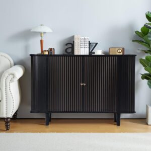 Storage Cabinet, Sideboard Buffet Cabinet with Stripping Decorated Design, 2 Doors and Adjustable Shelve, Console Table, Credenza for Living Room, Dining Room, Bedroom (Black)