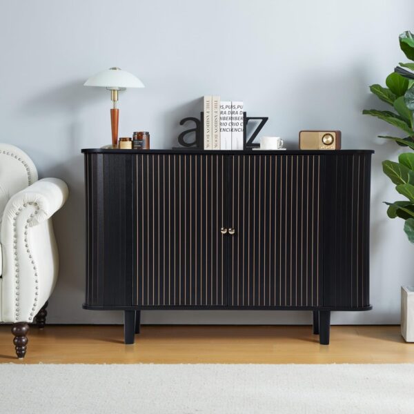 Storage Cabinet, Sideboard Buffet Cabinet with Stripping Decorated Design, 2 Doors and Adjustable Shelve, Console Table, Credenza for Living Room, Dining Room, Bedroom (Black)
