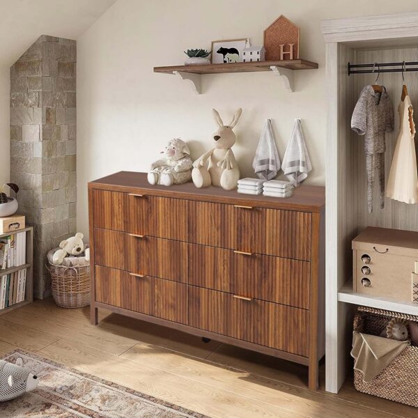 Fluted 6 Drawer Double Dresser for Bedroom, 47" Wide Modern Closet Dressers Chest of Drawers, Wood Storage Dresser Organizer for Nursery Bedroom Living Room Hallway Closet, Walnut - Image 6